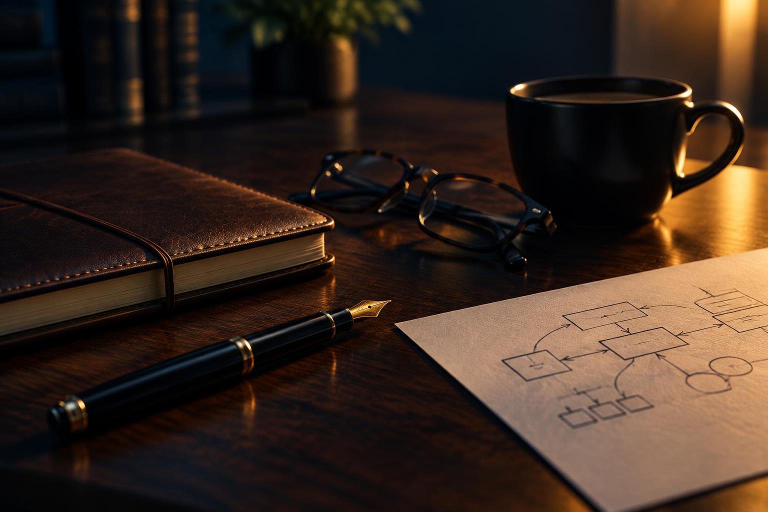 A dark desk with a leather notebook, pen, glasses and a printed plan