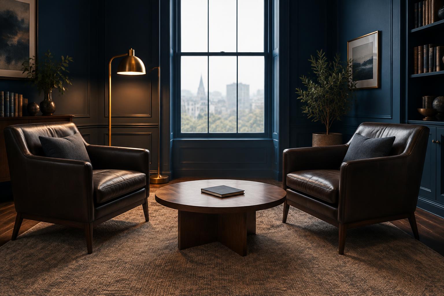 A private consulting room with two leather armchairs facing a low table
