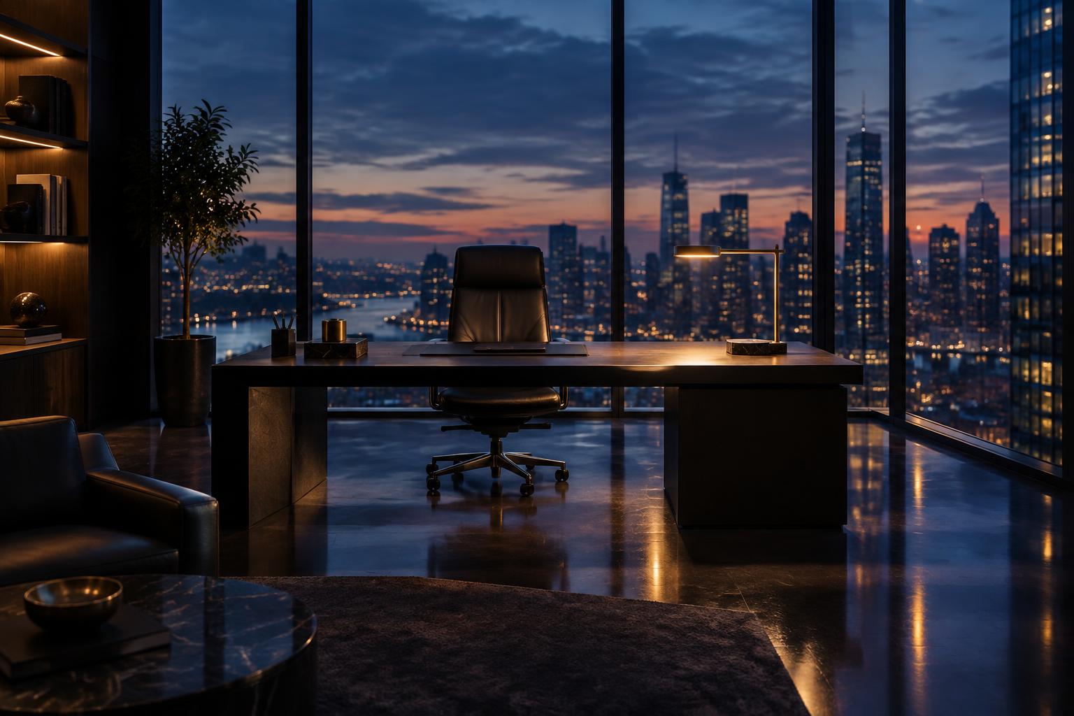 An executive office at dusk with a city skyline beyond the windows